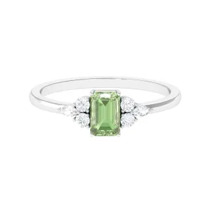 Emerald Cut Green Sapphire Promise Ring with Diamond Trio