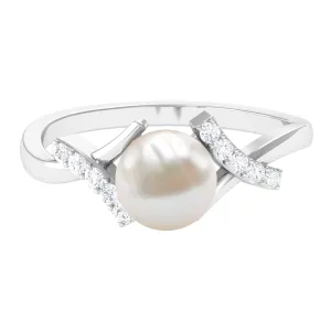 Pure Freshwater Pearl Solitaire Crossover Ring with Diamond